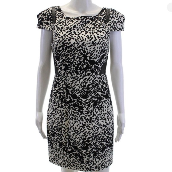 Tibi Animal Print Cap Sleeve Sheath Mini Dress Leather Trim Size 6 - Picture 3 of 11
